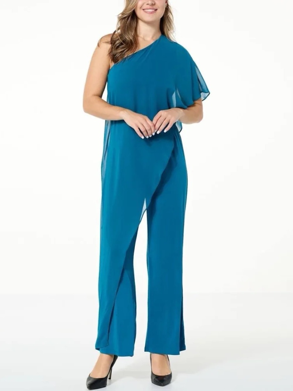 Colleen Lopez Woven Overlay Knit Jumpsuit Teal Size Small